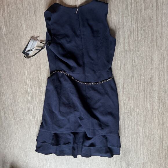 Karl Lagerfeld Paris Navy Sleeveless Dress Size 6 Ruffle Hem Chain Belt NWT $128 - Picture 2 of 7